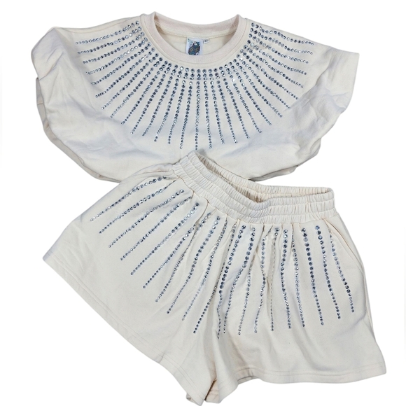 QOS  Beige Rhinestone Burst Bubble Top & Beige Rhinestone Burst Swing Short - Picture 7 of 8